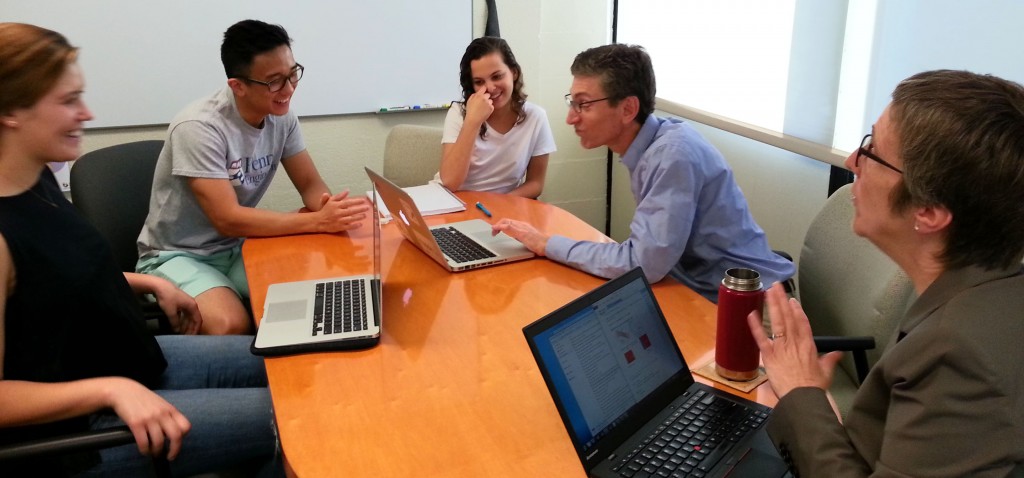 2015-2016 Senior Design Team members** discuss their ideas with Professors Winey and Composto. **(left to right: Gracie Salmon, Jason Woo, Sonya Kripke) 